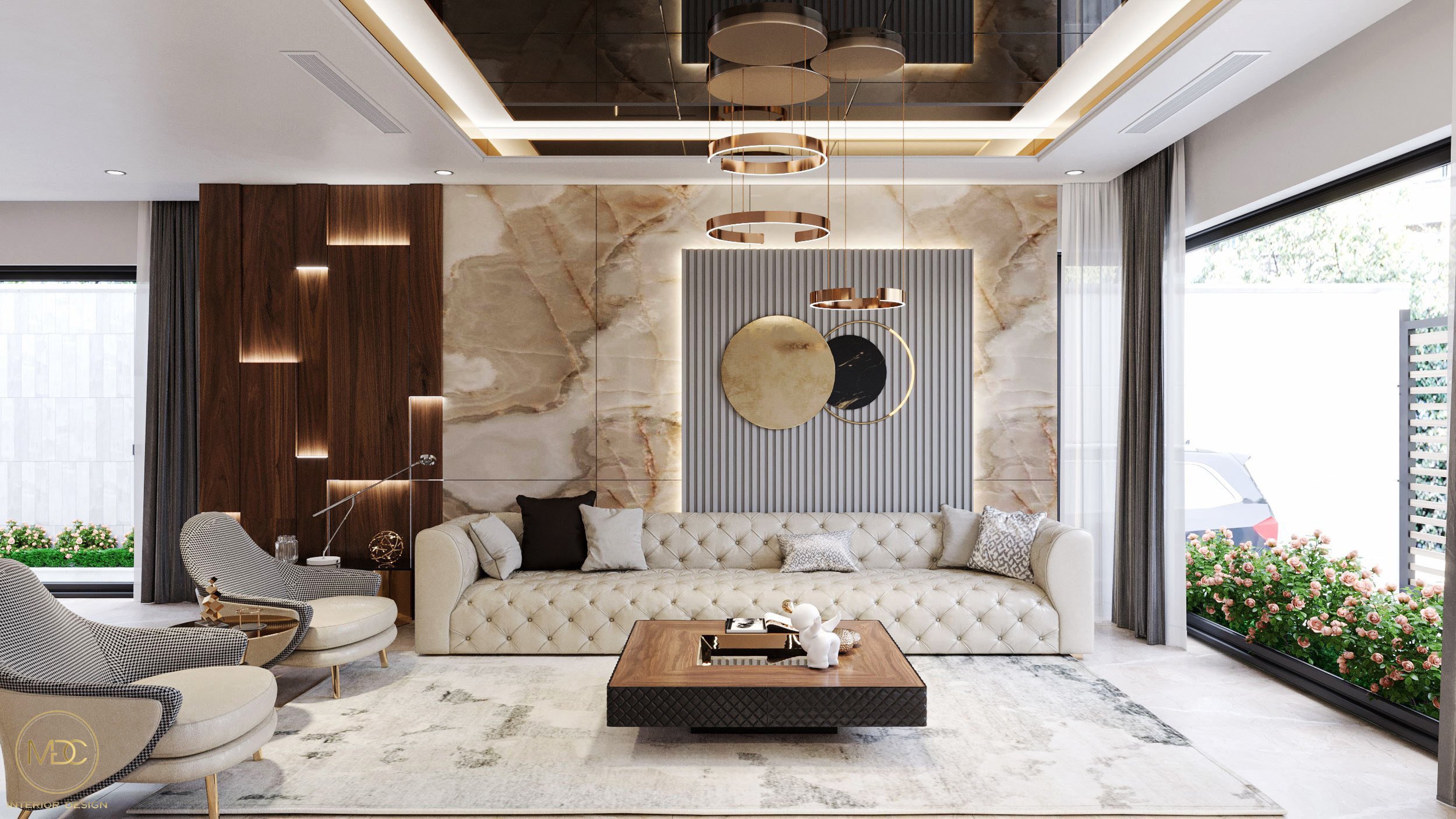Không gian phòng khách được thiết kế theo phong cách hiện đại - sang trọng thể hiện được đẳng cấp của chủ nhân sở hữu.