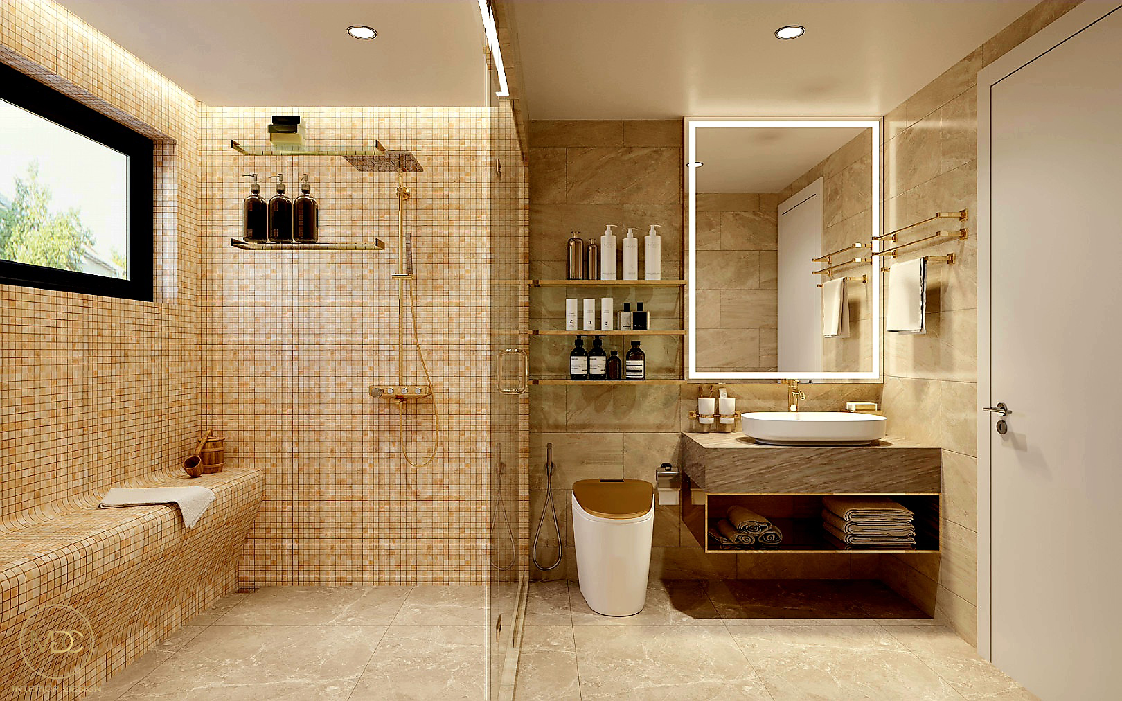 Không gian phòng tắm được thiết kế theo phong cách hiện đại. Sử dụng tone màu vàng sáng làm màu chủ đạo.